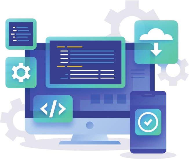 A desktop monitor and a mobile device showing icons to describe c sharp technology